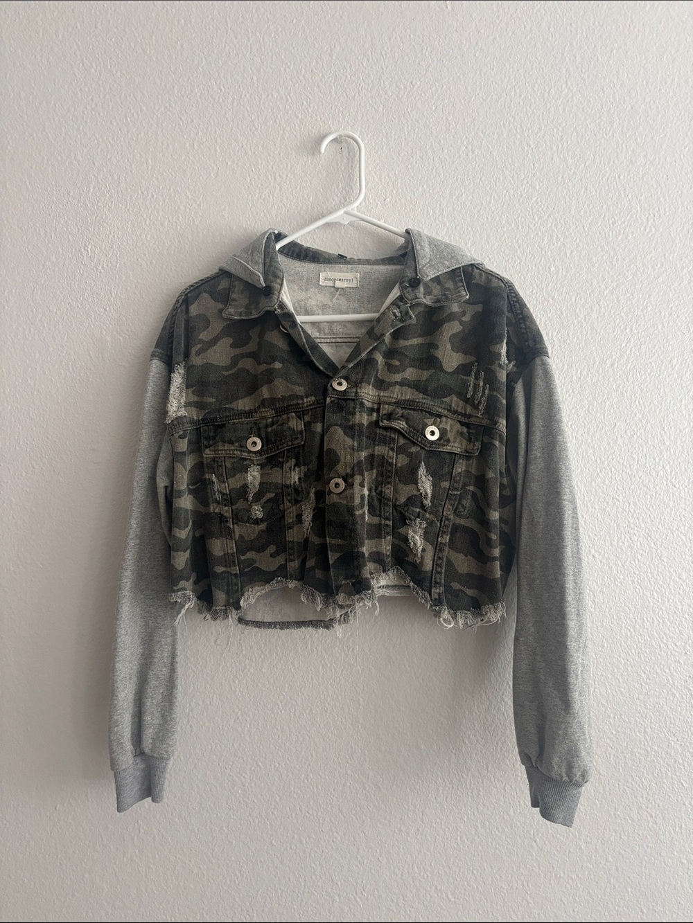 Dance & Marcel Cropped Camo Jacket with Removable Grey Hoodie